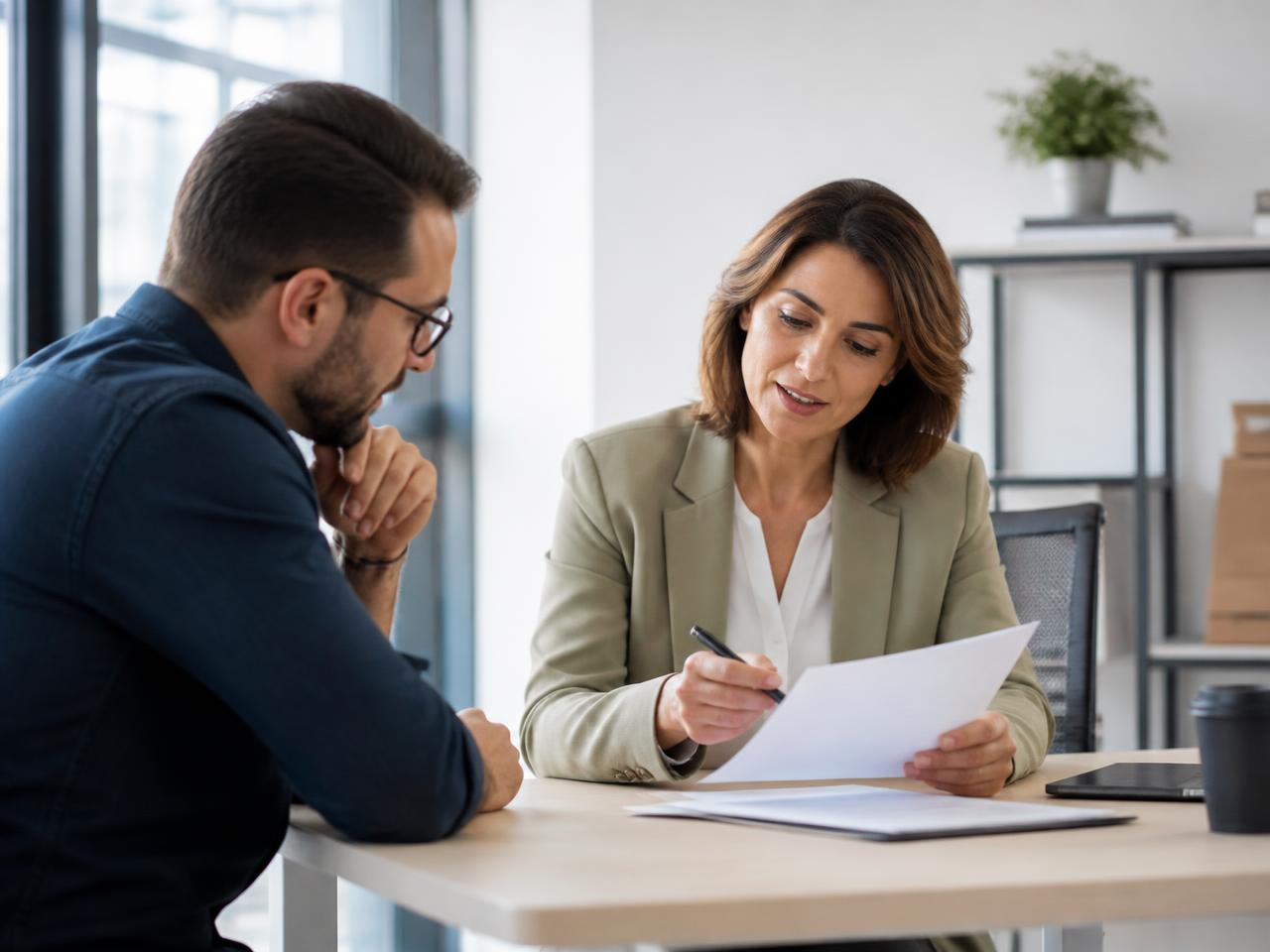 Employees reviewing benefit plan options with an HR advisor