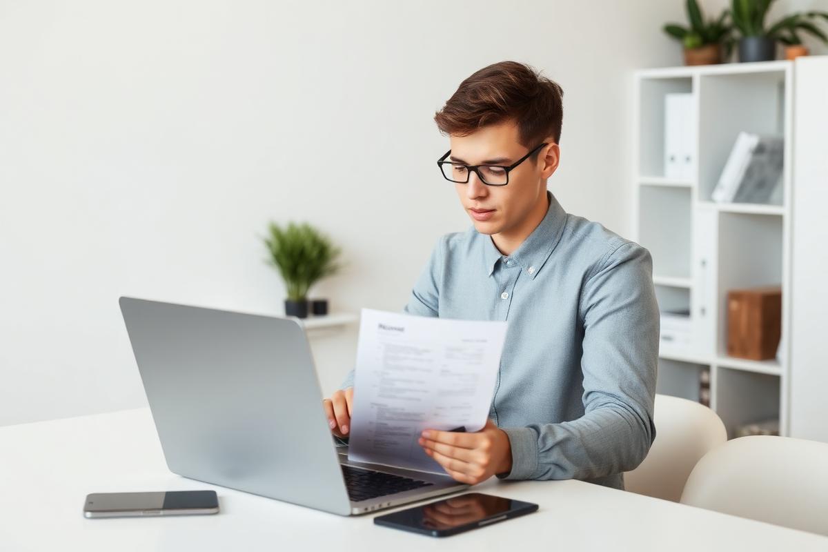A job seeker reviewing a résumé at a laptop