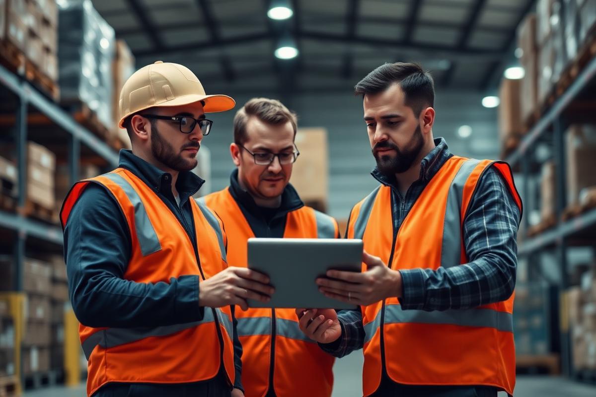 Warehouse supervisors reviewing staffing data on a tablet