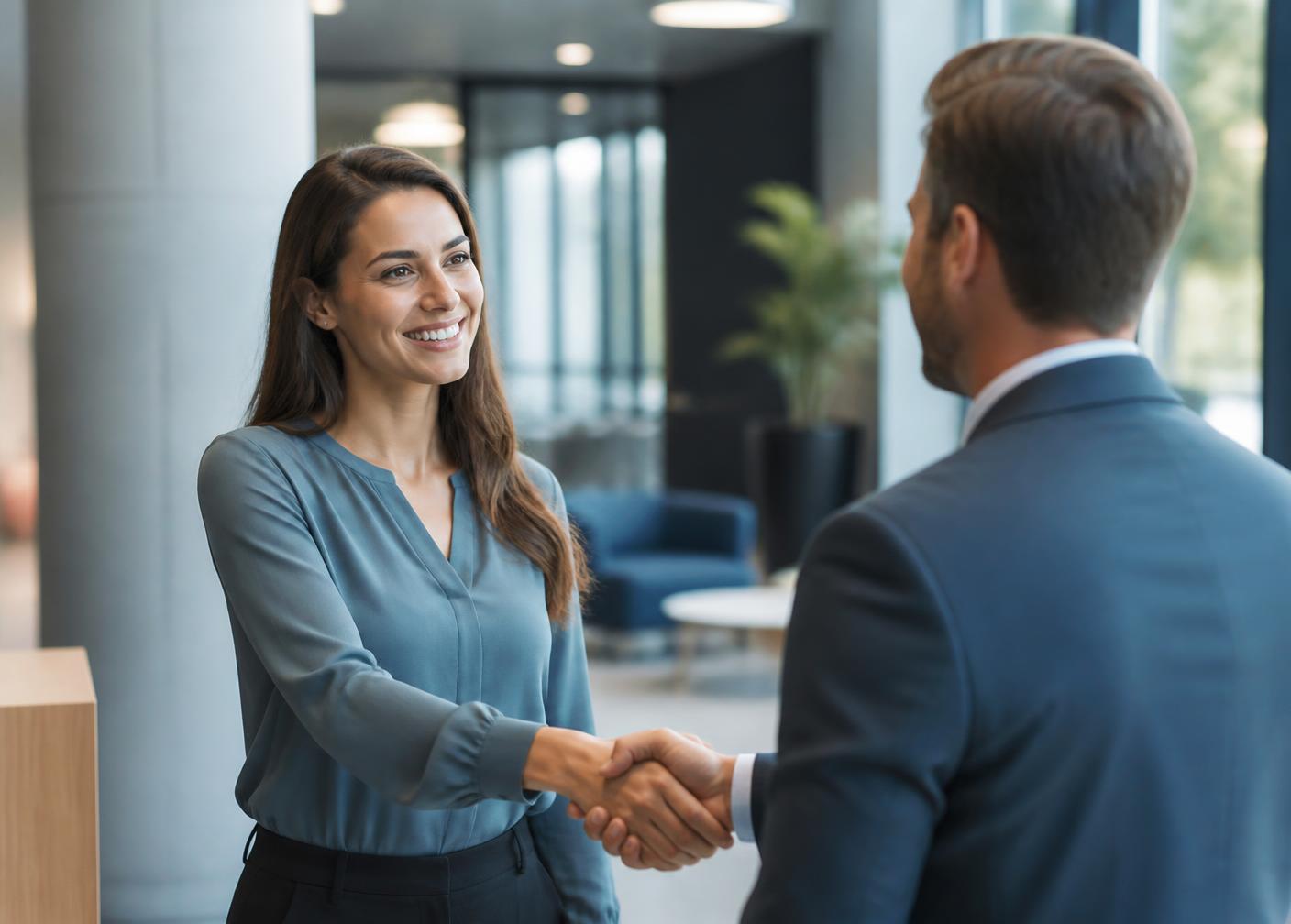 A candidate meeting a WMA recruiter in an office lobby