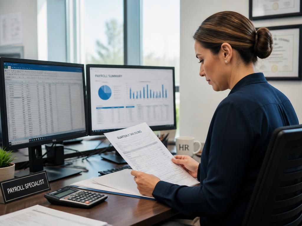 Payroll specialist reviewing payroll reports on large monitors